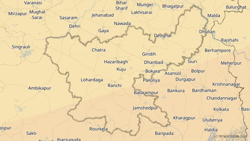 A map of Jharkhand, Indien, showing the path of the 11. Apr 2070 Totale Sonnenfinsternis