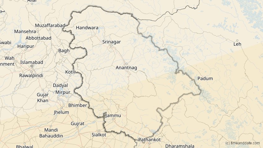 A map of Jammu und Kashmir, Indien, showing the path of the 11. Apr 2070 Totale Sonnenfinsternis