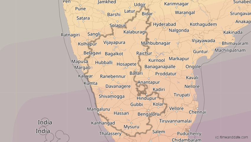 A map of Karnataka, Indien, showing the path of the 11. Apr 2070 Totale Sonnenfinsternis