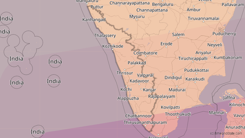 A map of Kerala, Indien, showing the path of the 11. Apr 2070 Totale Sonnenfinsternis