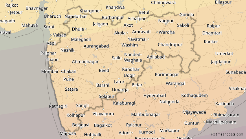 A map of Maharashtra, Indien, showing the path of the 11. Apr 2070 Totale Sonnenfinsternis