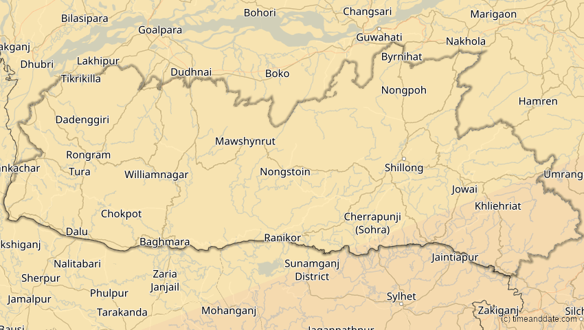 A map of Meghalaya, Indien, showing the path of the 11. Apr 2070 Totale Sonnenfinsternis