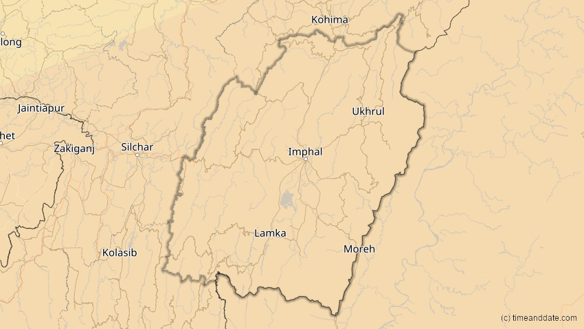 A map of Manipur, Indien, showing the path of the 11. Apr 2070 Totale Sonnenfinsternis
