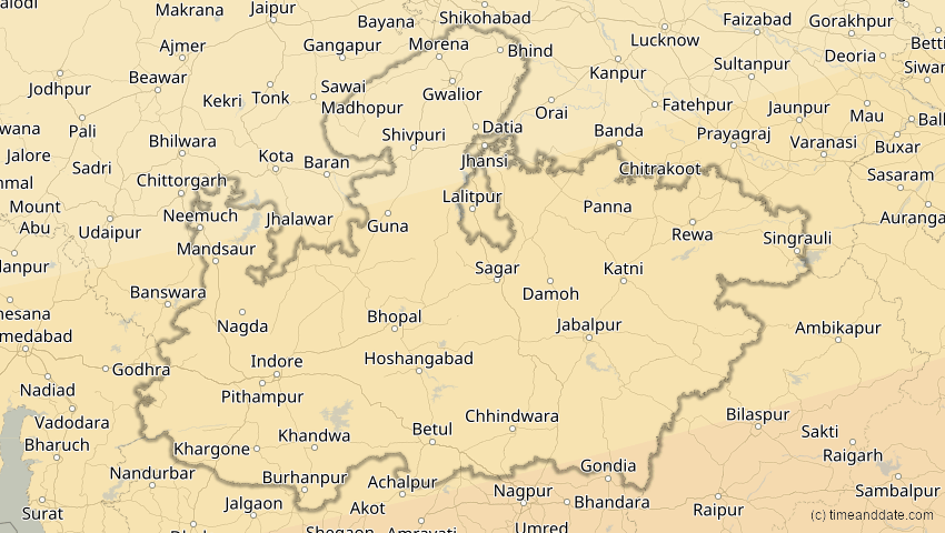 A map of Madhya Pradesh, Indien, showing the path of the 11. Apr 2070 Totale Sonnenfinsternis
