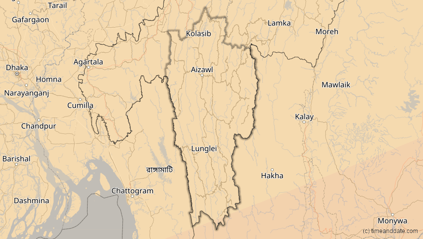A map of Mizoram, Indien, showing the path of the 11. Apr 2070 Totale Sonnenfinsternis
