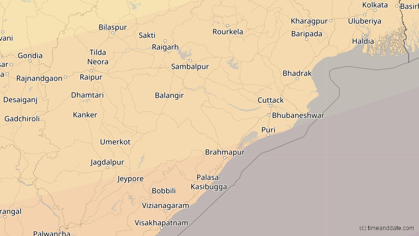 A map of Odisha, Indien, showing the path of the 11. Apr 2070 Totale Sonnenfinsternis