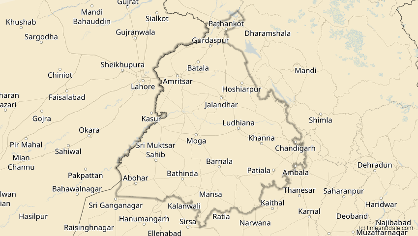 A map of Punjab, Indien, showing the path of the 11. Apr 2070 Totale Sonnenfinsternis