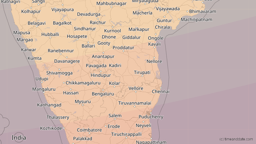 A map of Pondicherry, Indien, showing the path of the 11. Apr 2070 Totale Sonnenfinsternis