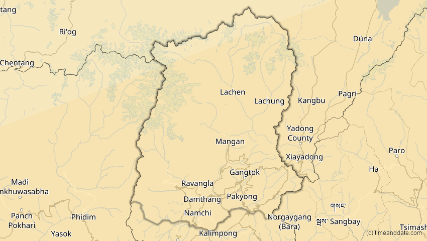 A map of Sikkim, Indien, showing the path of the 11. Apr 2070 Totale Sonnenfinsternis