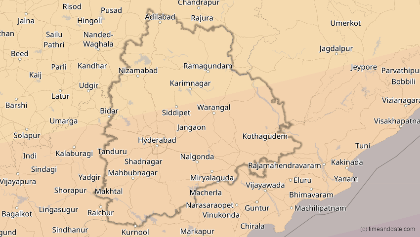 A map of Telangana, Indien, showing the path of the 11. Apr 2070 Totale Sonnenfinsternis