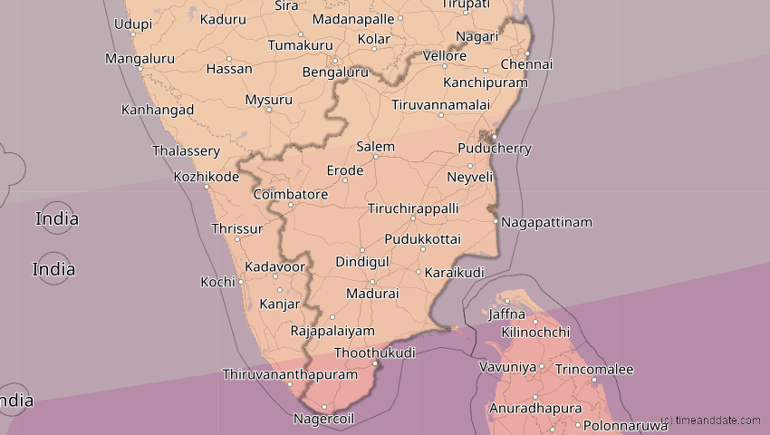 A map of Tamil Nadu, Indien, showing the path of the 11. Apr 2070 Totale Sonnenfinsternis