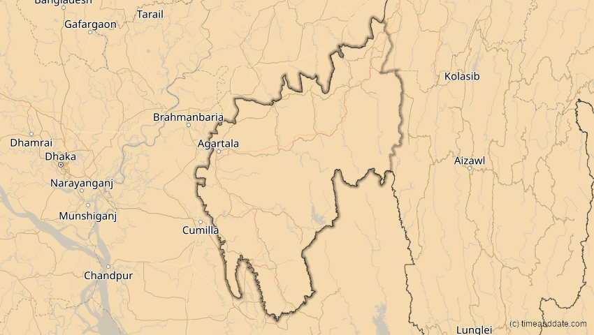 A map of Tripura, Indien, showing the path of the 11. Apr 2070 Totale Sonnenfinsternis