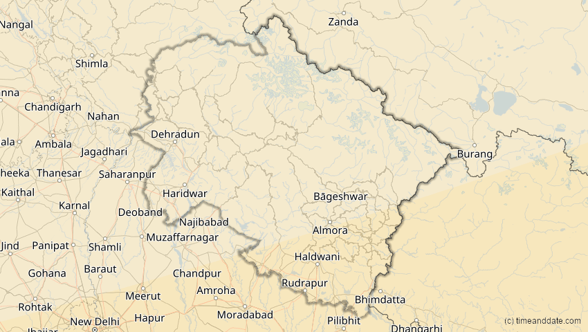 A map of Uttarakhand, Indien, showing the path of the 11. Apr 2070 Totale Sonnenfinsternis