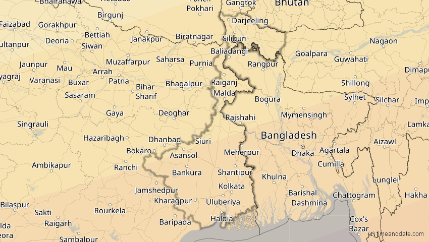 A map of Westbengalen, Indien, showing the path of the 11. Apr 2070 Totale Sonnenfinsternis