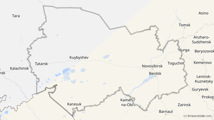 A map of Nowosibirsk, Russland, showing the path of the 11. Apr 2070 Totale Sonnenfinsternis