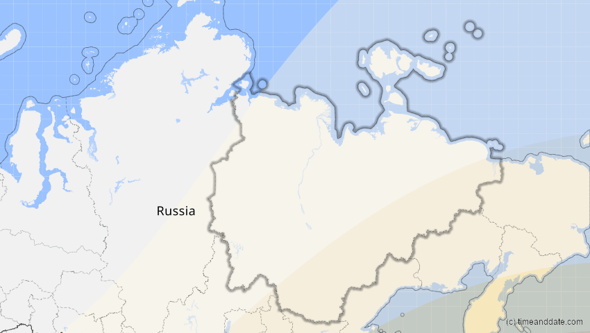 A map of Sacha (Jakutien), Russland, showing the path of the 11. Apr 2070 Totale Sonnenfinsternis