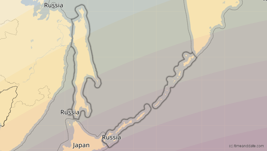 A map of Sachalin, Russland, showing the path of the 11. Apr 2070 Totale Sonnenfinsternis