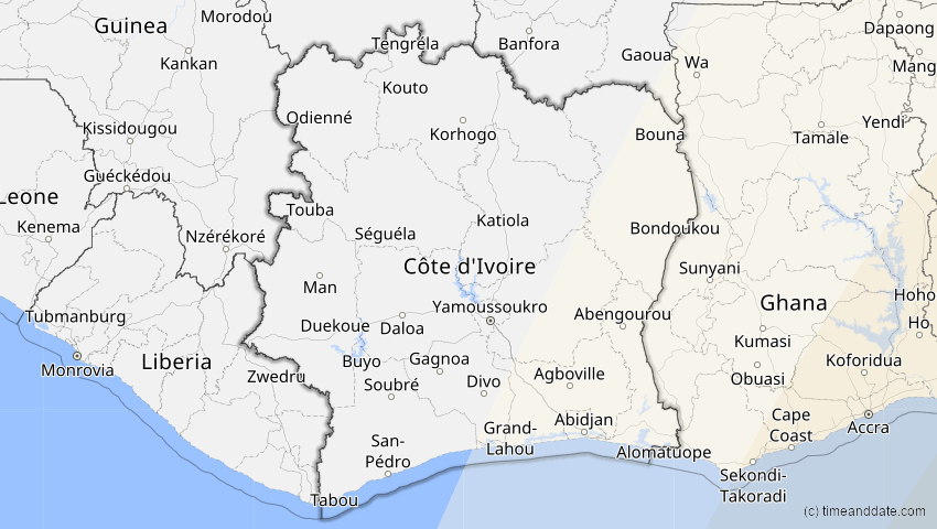 A map of Elfenbeinküste (Côte d'Ivoire), showing the path of the 4. Okt 2070 Ringförmige Sonnenfinsternis