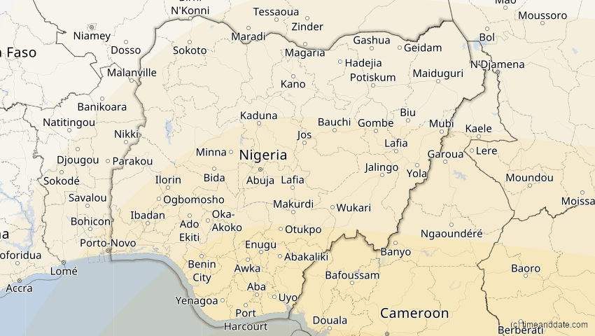 A map of Nigeria, showing the path of the 4. Okt 2070 Ringförmige Sonnenfinsternis