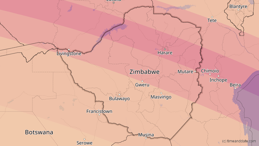 A map of Simbabwe, showing the path of the 4. Okt 2070 Ringförmige Sonnenfinsternis