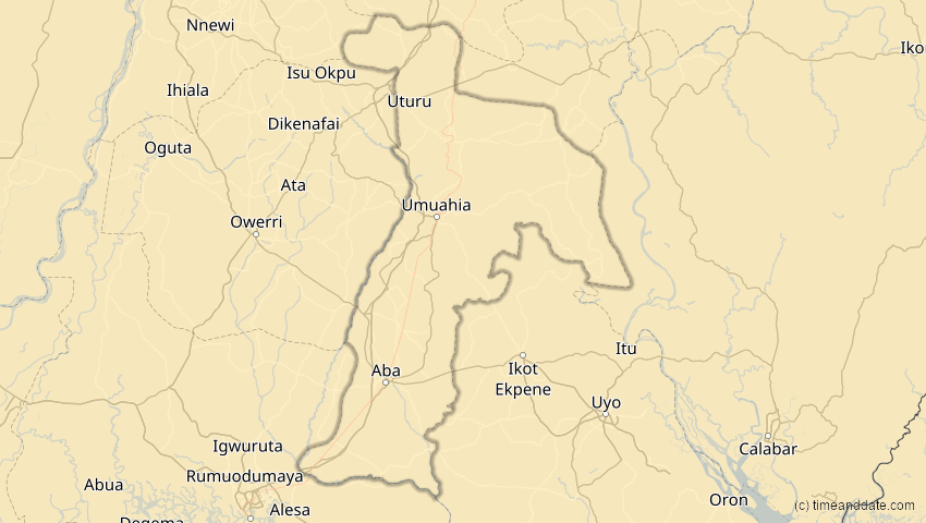 A map of Abia, Nigeria, showing the path of the 4. Okt 2070 Ringförmige Sonnenfinsternis