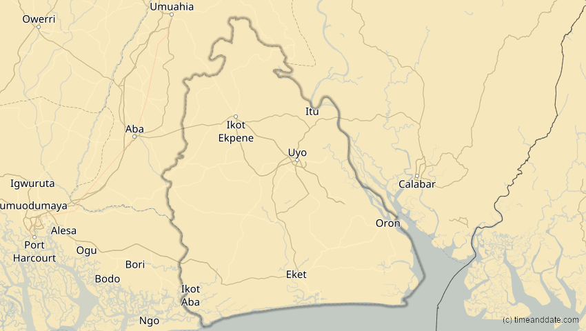 A map of Akwa Ibom, Nigeria, showing the path of the 4. Okt 2070 Ringförmige Sonnenfinsternis