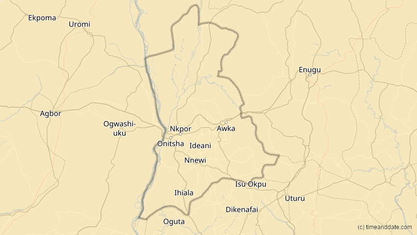 A map of  Anambra, Nigeria, showing the path of the 4. Okt 2070 Ringförmige Sonnenfinsternis