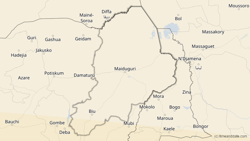 A map of Borno, Nigeria, showing the path of the 4. Okt 2070 Ringförmige Sonnenfinsternis