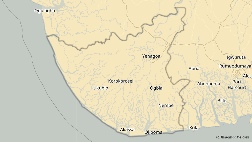A map of Bayelsa, Nigeria, showing the path of the 4. Okt 2070 Ringförmige Sonnenfinsternis