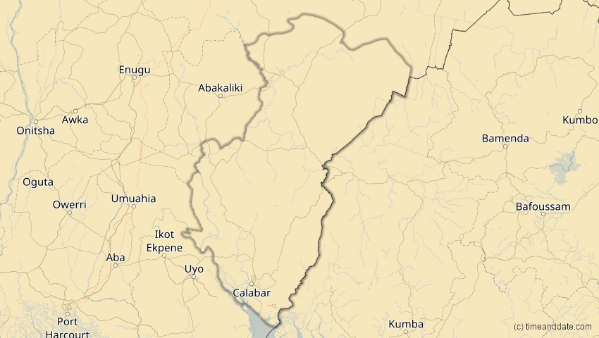 A map of Cross River, Nigeria, showing the path of the 4. Okt 2070 Ringförmige Sonnenfinsternis