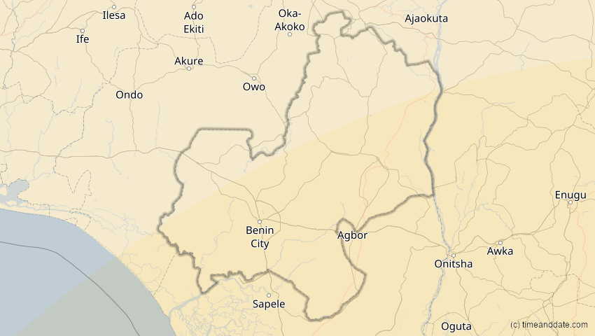 A map of Edo, Nigeria, showing the path of the 4. Okt 2070 Ringförmige Sonnenfinsternis