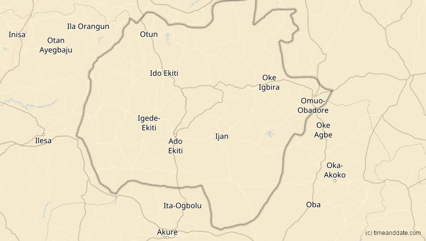 A map of Ekiti, Nigeria, showing the path of the 4. Okt 2070 Ringförmige Sonnenfinsternis