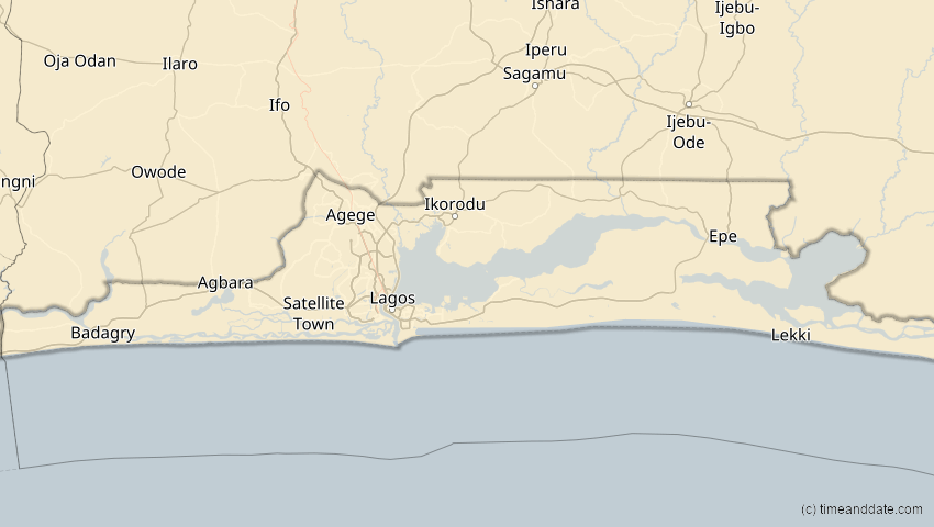 A map of Lagos, Nigeria, showing the path of the 4. Okt 2070 Ringförmige Sonnenfinsternis