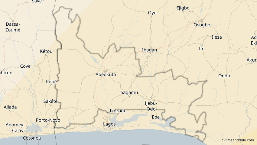 A map of Ogun, Nigeria, showing the path of the 4. Okt 2070 Ringförmige Sonnenfinsternis