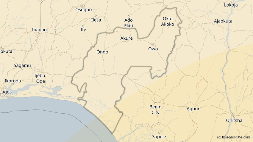 A map of Ondo, Nigeria, showing the path of the 4. Okt 2070 Ringförmige Sonnenfinsternis