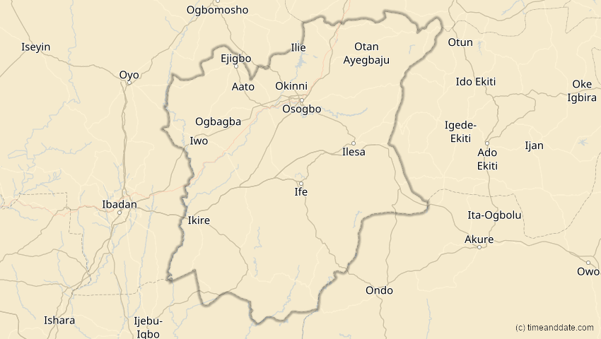 A map of Osun, Nigeria, showing the path of the 4. Okt 2070 Ringförmige Sonnenfinsternis