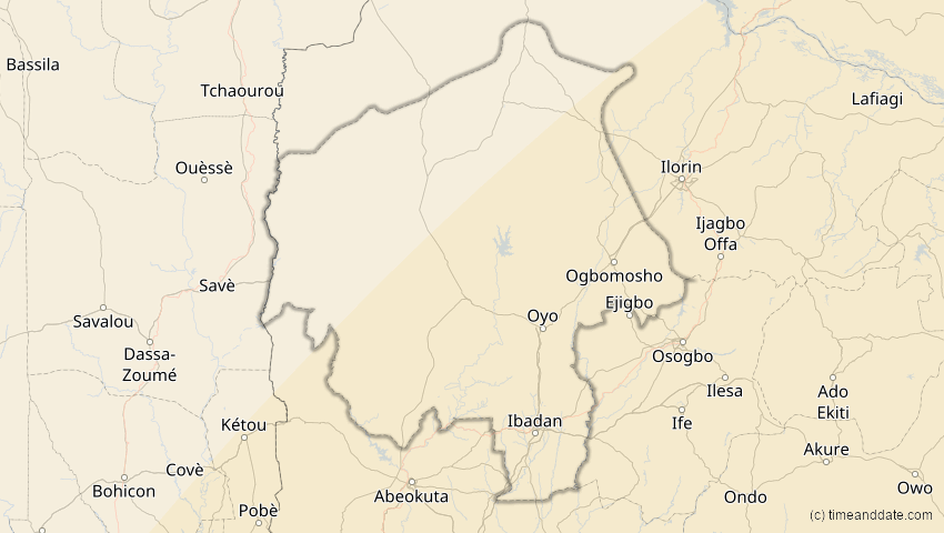 A map of Oyo, Nigeria, showing the path of the 4. Okt 2070 Ringförmige Sonnenfinsternis