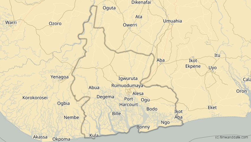 A map of Rivers, Nigeria, showing the path of the 4. Okt 2070 Ringförmige Sonnenfinsternis