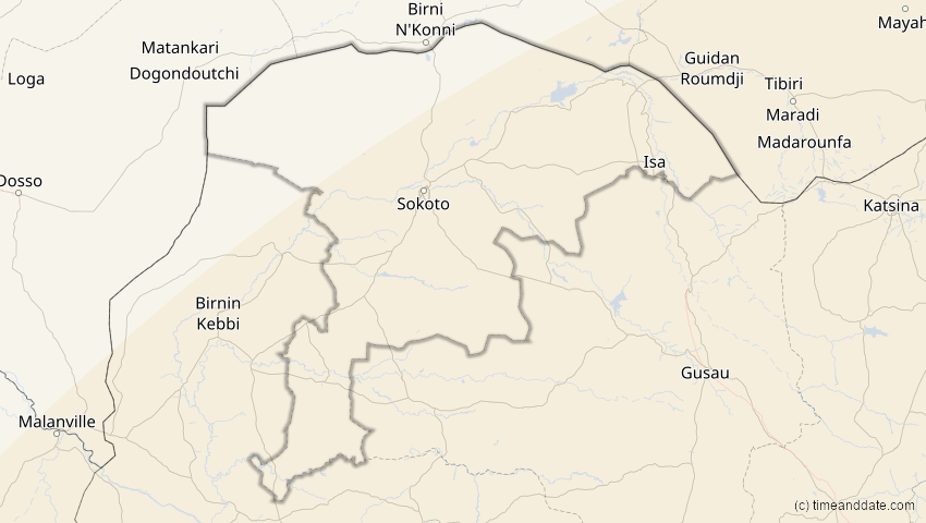 A map of Sokoto, Nigeria, showing the path of the 4. Okt 2070 Ringförmige Sonnenfinsternis