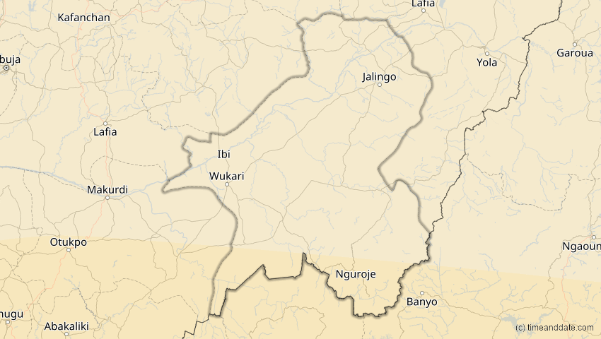 A map of Taraba, Nigeria, showing the path of the 4. Okt 2070 Ringförmige Sonnenfinsternis