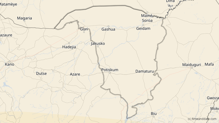 A map of Yobe, Nigeria, showing the path of the 4. Okt 2070 Ringförmige Sonnenfinsternis