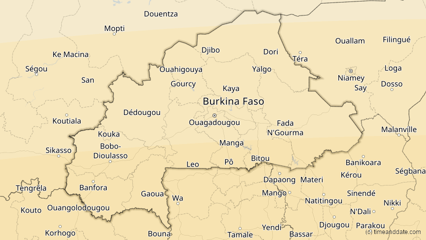 A map of Burkina Faso, showing the path of the 31. Mär 2071 Ringförmige Sonnenfinsternis