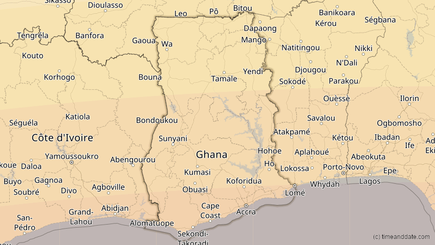 A map of Ghana, showing the path of the 31. Mär 2071 Ringförmige Sonnenfinsternis