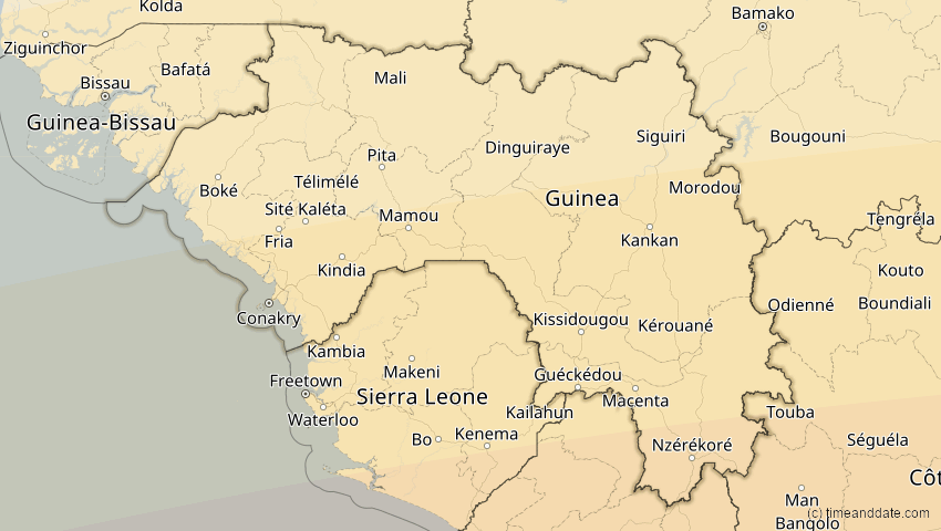 A map of Guinea, showing the path of the 31. Mär 2071 Ringförmige Sonnenfinsternis