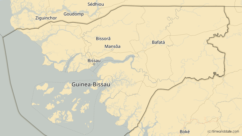 A map of Guinea-Bissau, showing the path of the 31. Mär 2071 Ringförmige Sonnenfinsternis