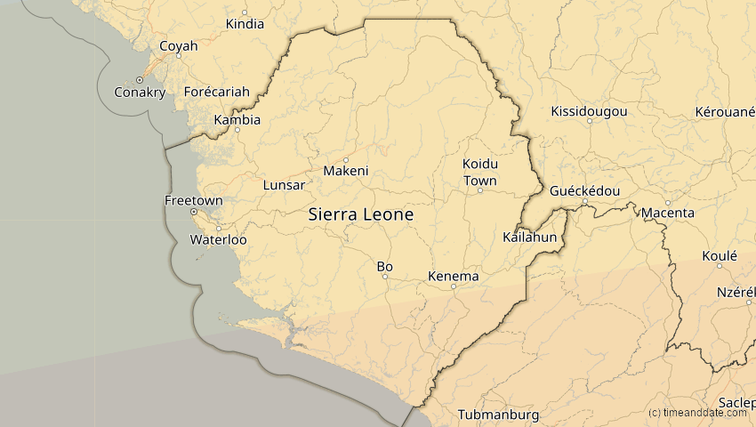 A map of Sierra Leone, showing the path of the 31. Mär 2071 Ringförmige Sonnenfinsternis
