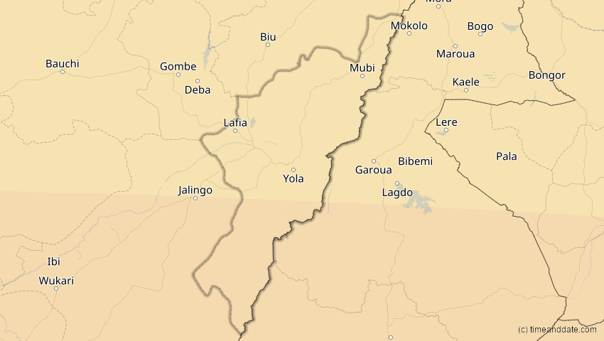 A map of Adamawa, Nigeria, showing the path of the 31. Mär 2071 Ringförmige Sonnenfinsternis