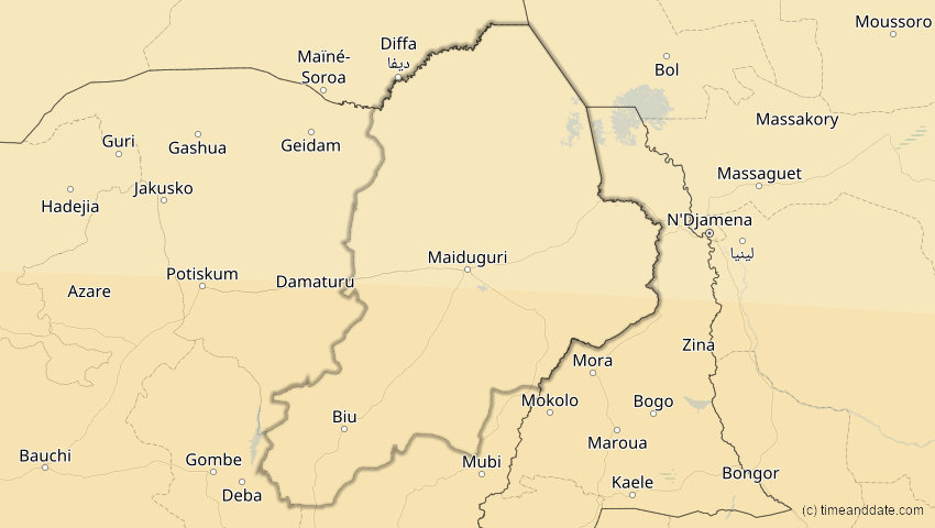 A map of Borno, Nigeria, showing the path of the 31. Mär 2071 Ringförmige Sonnenfinsternis