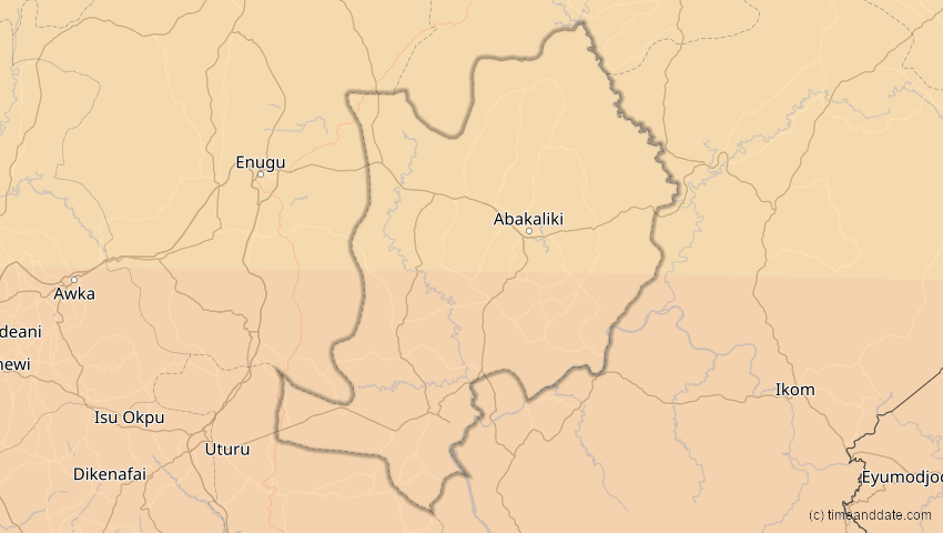 A map of Ebonyi, Nigeria, showing the path of the 31. Mär 2071 Ringförmige Sonnenfinsternis
