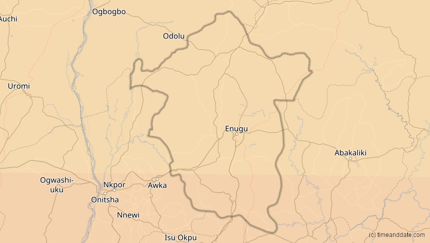 A map of Enugu, Nigeria, showing the path of the 31. Mär 2071 Ringförmige Sonnenfinsternis